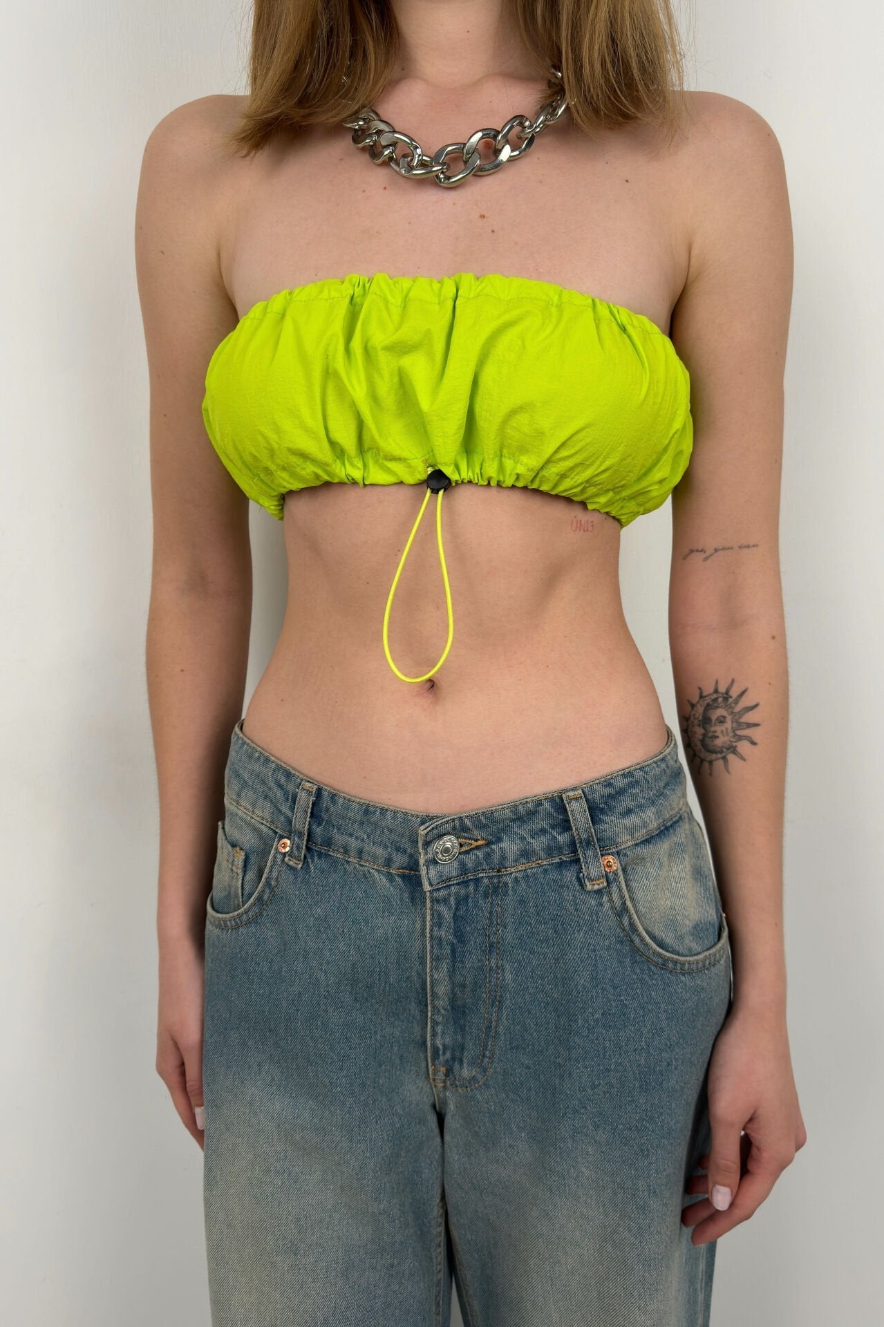 Off-Shoulder Elastic Detailed Lime Crop Top