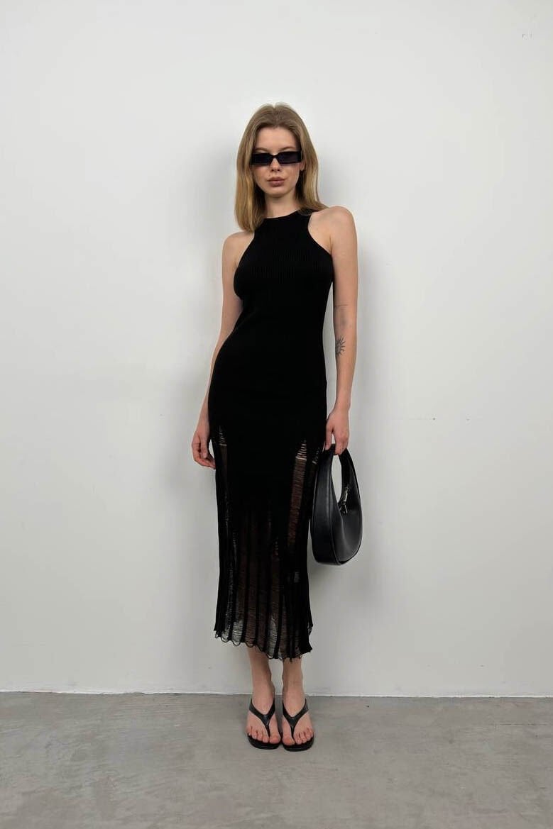 Laser Cut Textured Black Dress