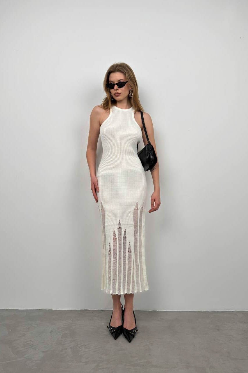 Laser Cut Textured Ecru Dress