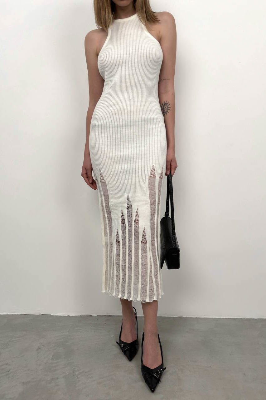 Laser Cut Textured Ecru Dress