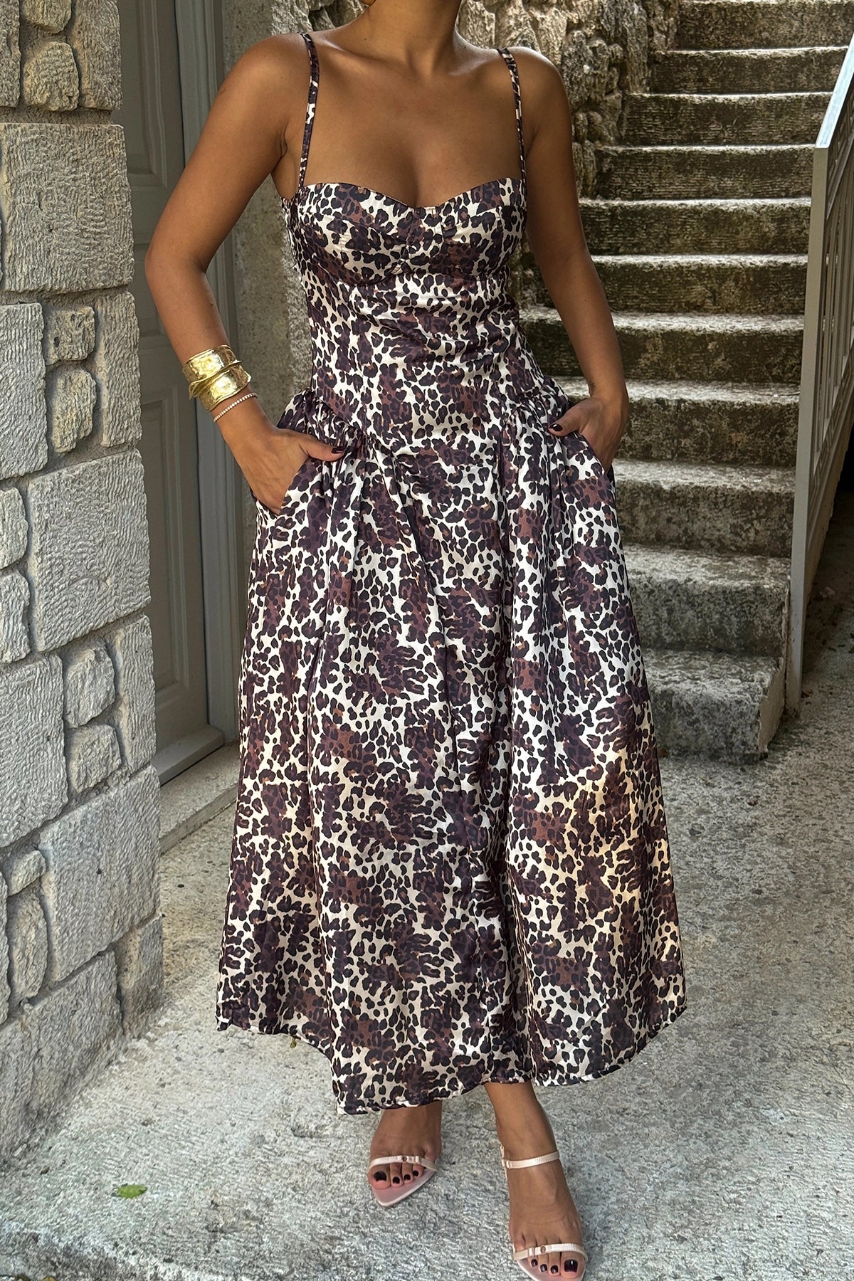 Leopard Detailliertes Midi-Kleid