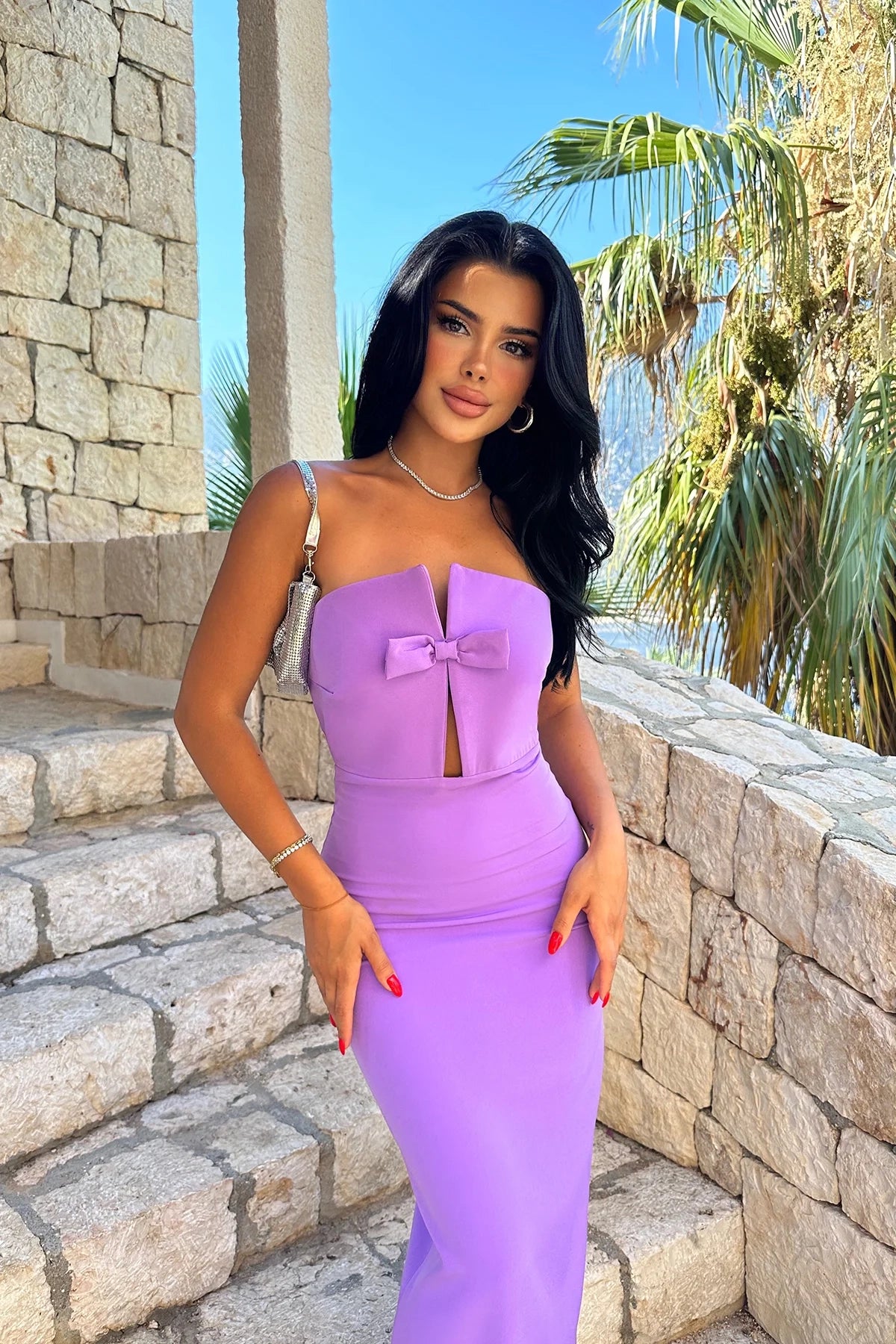 Off-Shoulder Bow-Tie Detailed Lilac Midi Dress