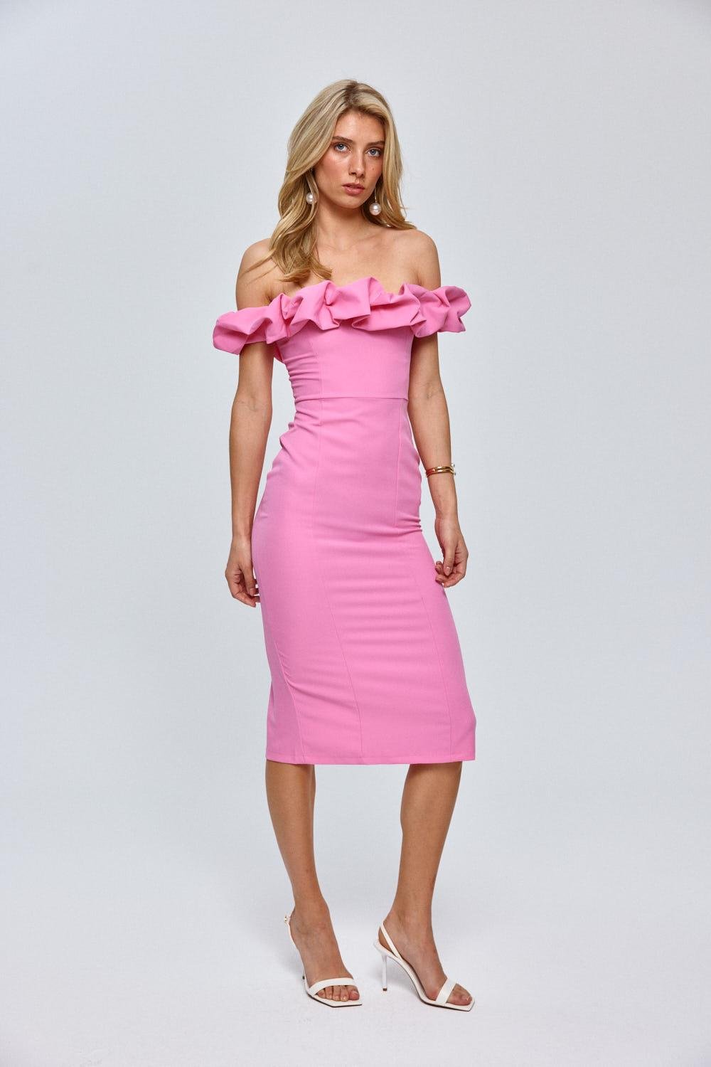 Sleeveless Pink Midi Dress with Off-Shoulder Detail