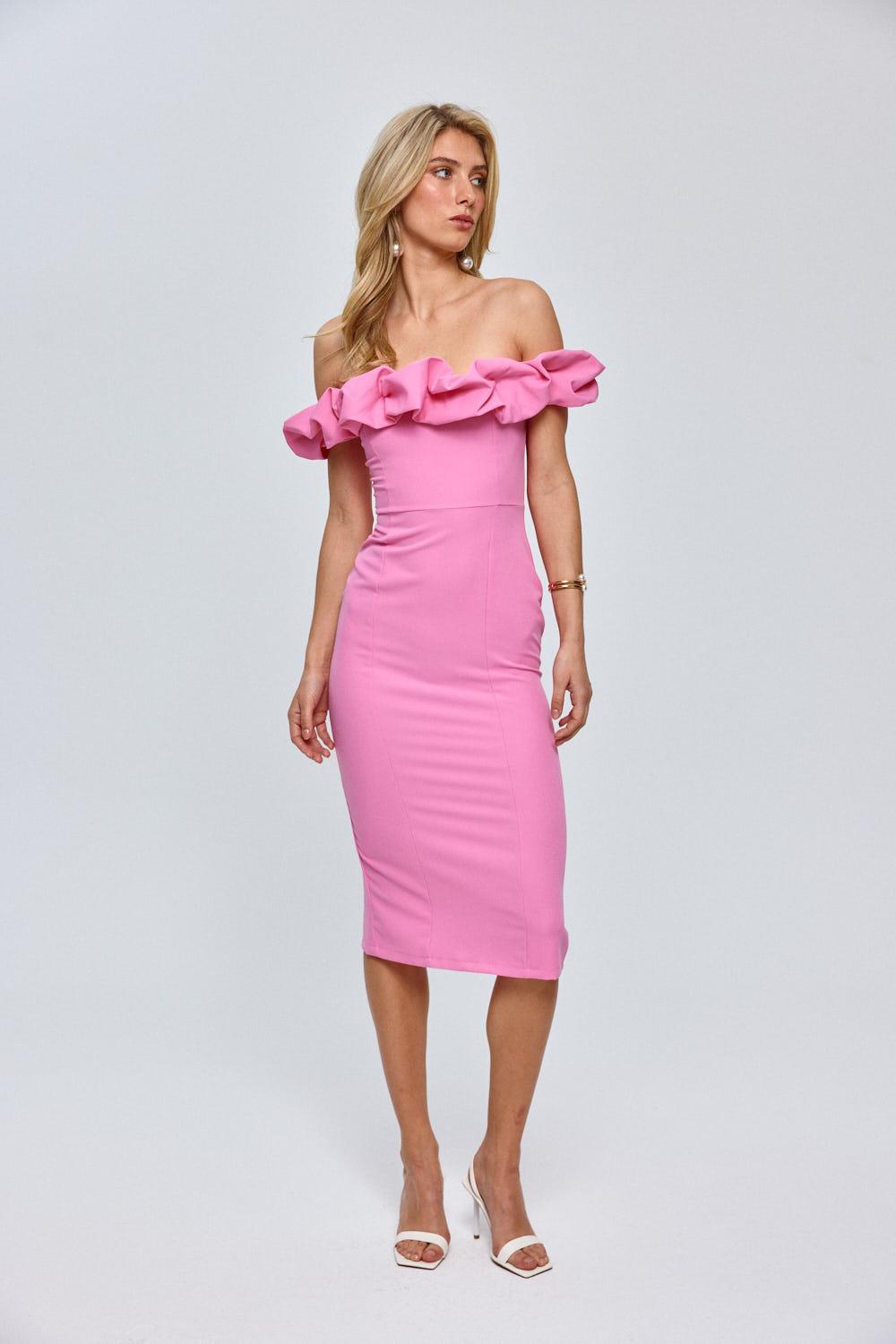 Sleeveless Pink Midi Dress with Off-Shoulder Detail