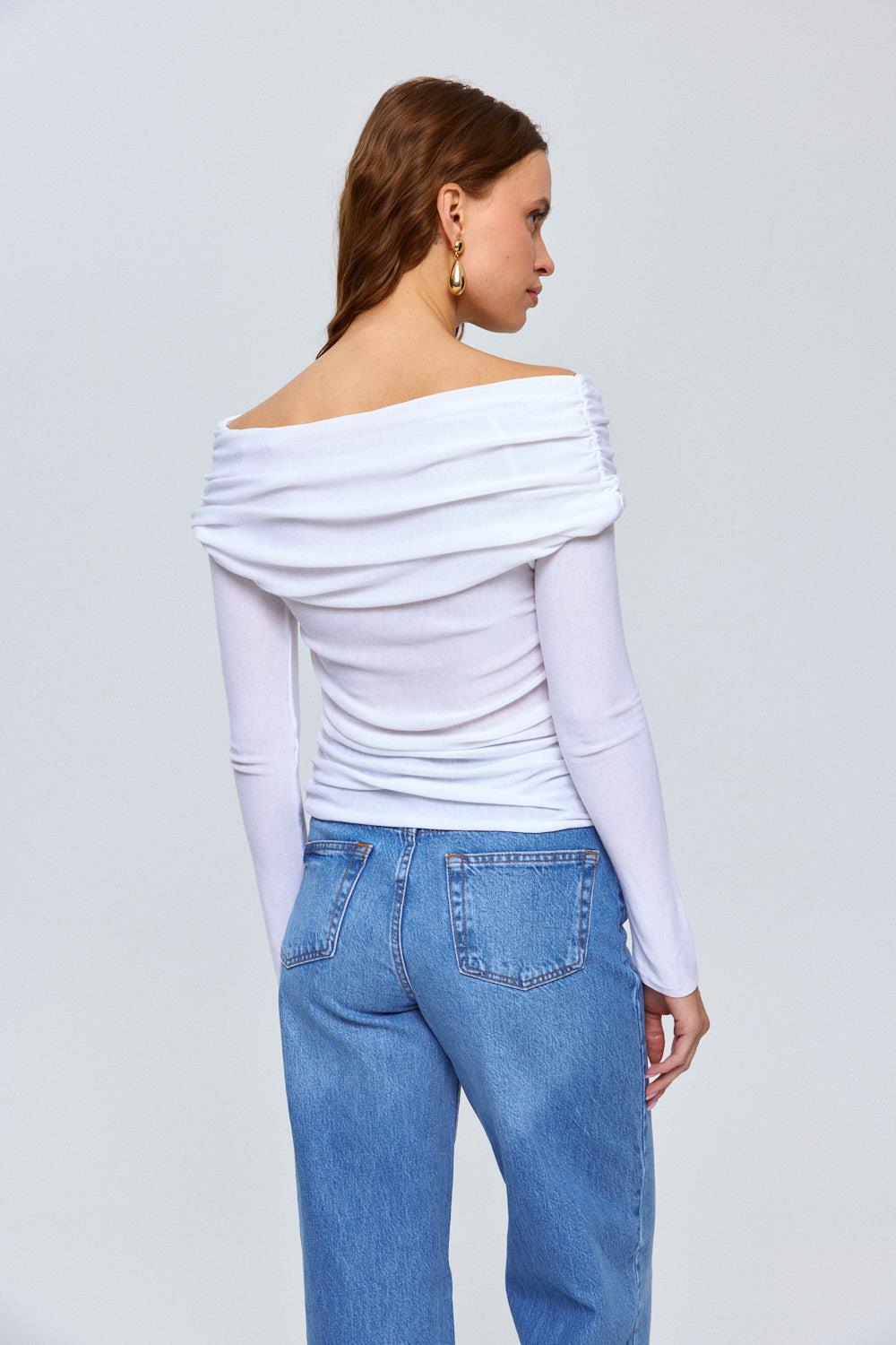 Off-Shoulder White Knitwear Blouse for Women