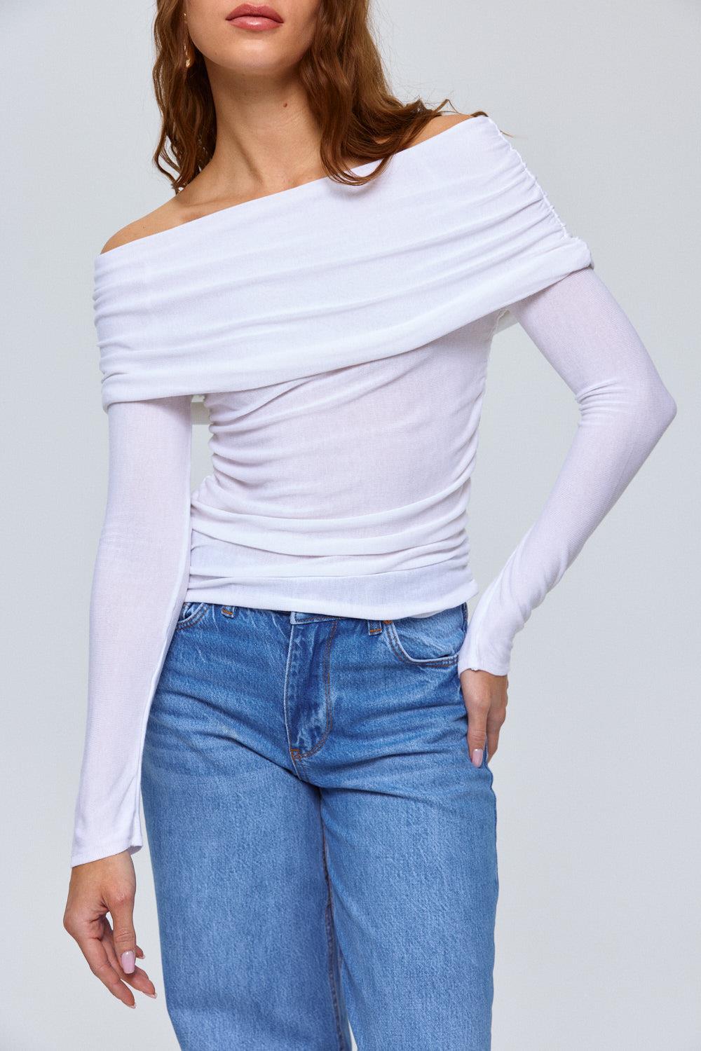 Off-Shoulder White Knitwear Blouse for Women