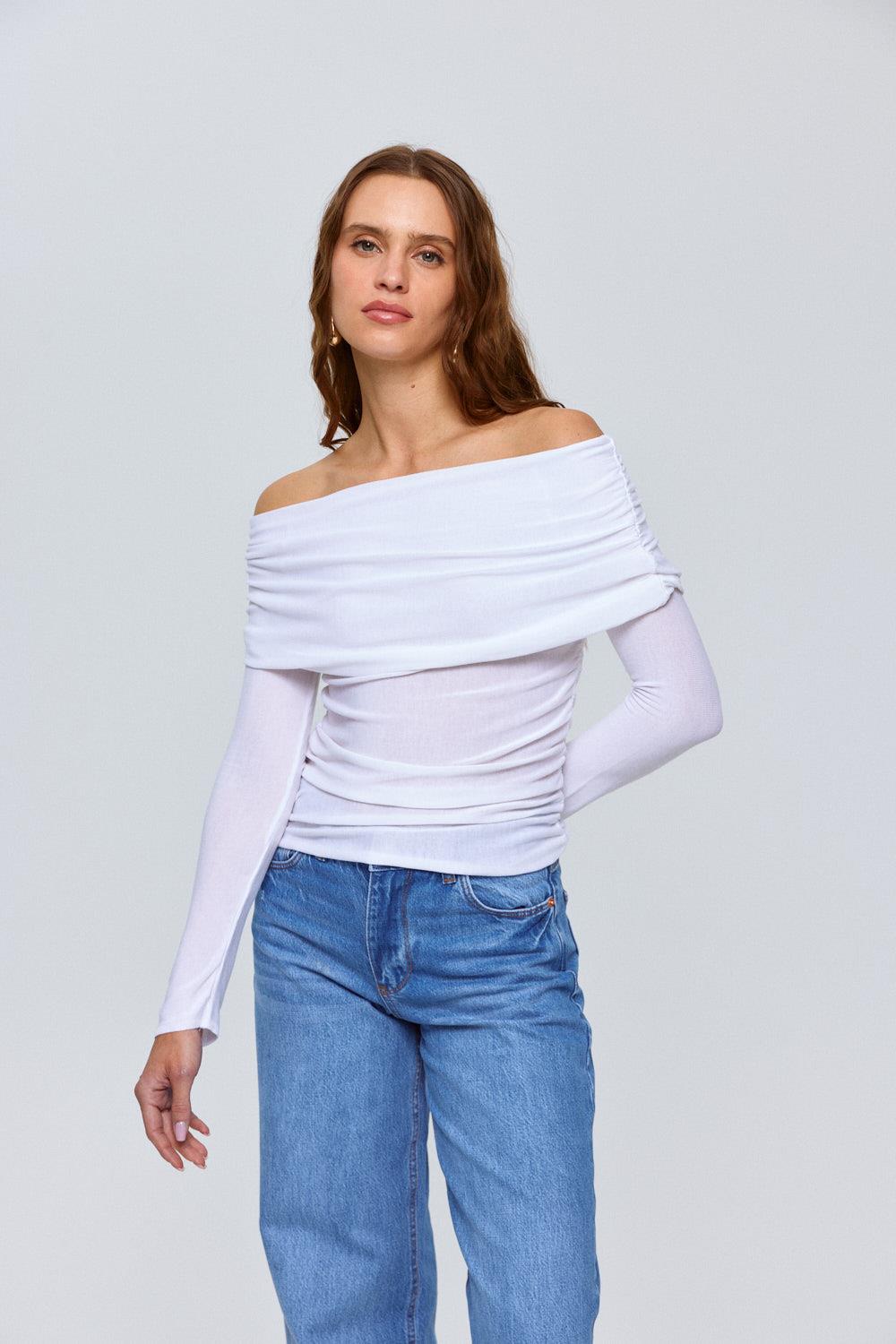 Off-Shoulder White Knitwear Blouse for Women