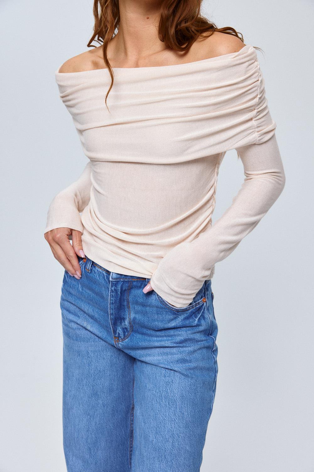 Off-Shoulder Creme Strickbluse für Frauen