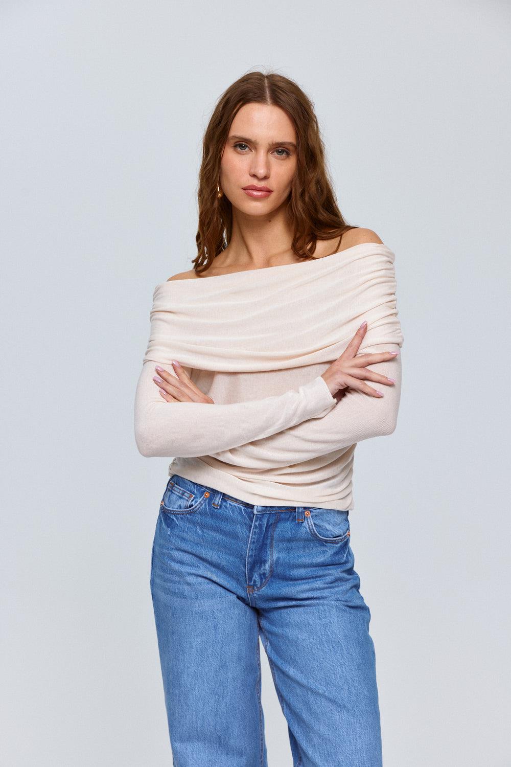 Off-Shoulder Cream Knitwear Blouse for Women