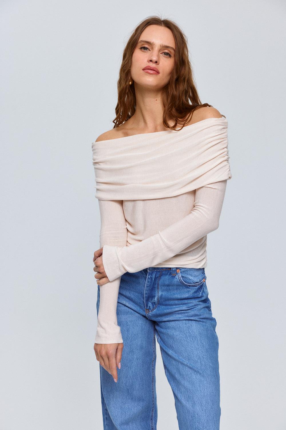 Off-Shoulder Cream Knitwear Blouse for Women