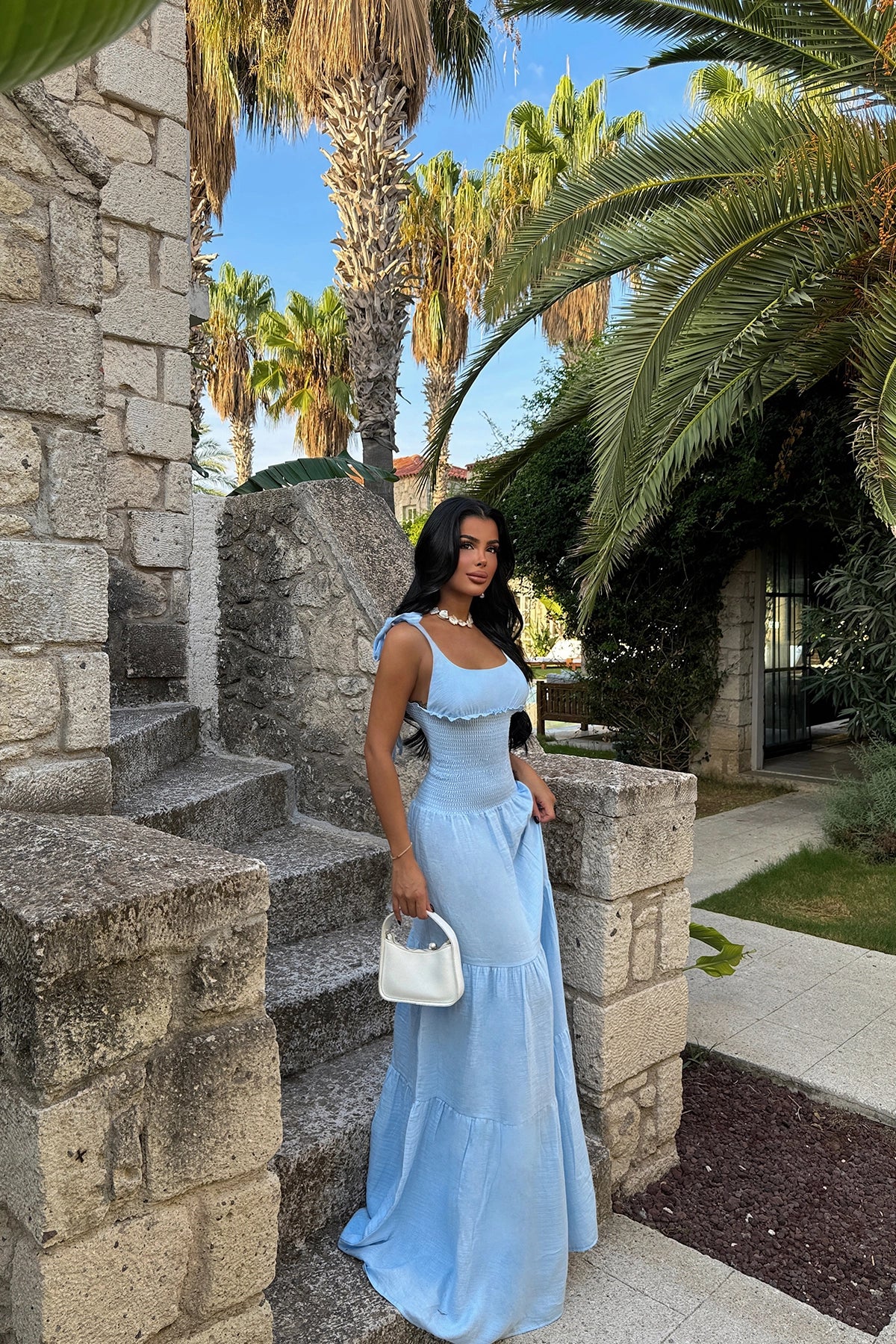 U-Shaped Strappy Blue Maxi Dress