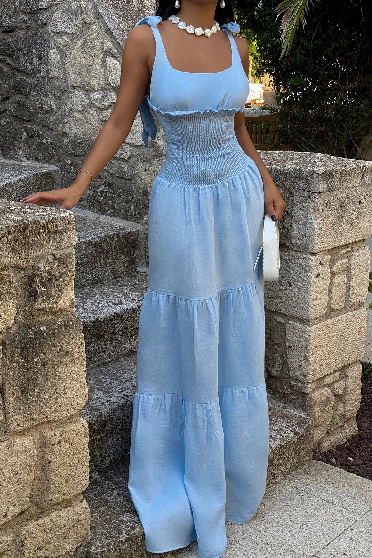 U-Shaped Strappy Blue Maxi Dress