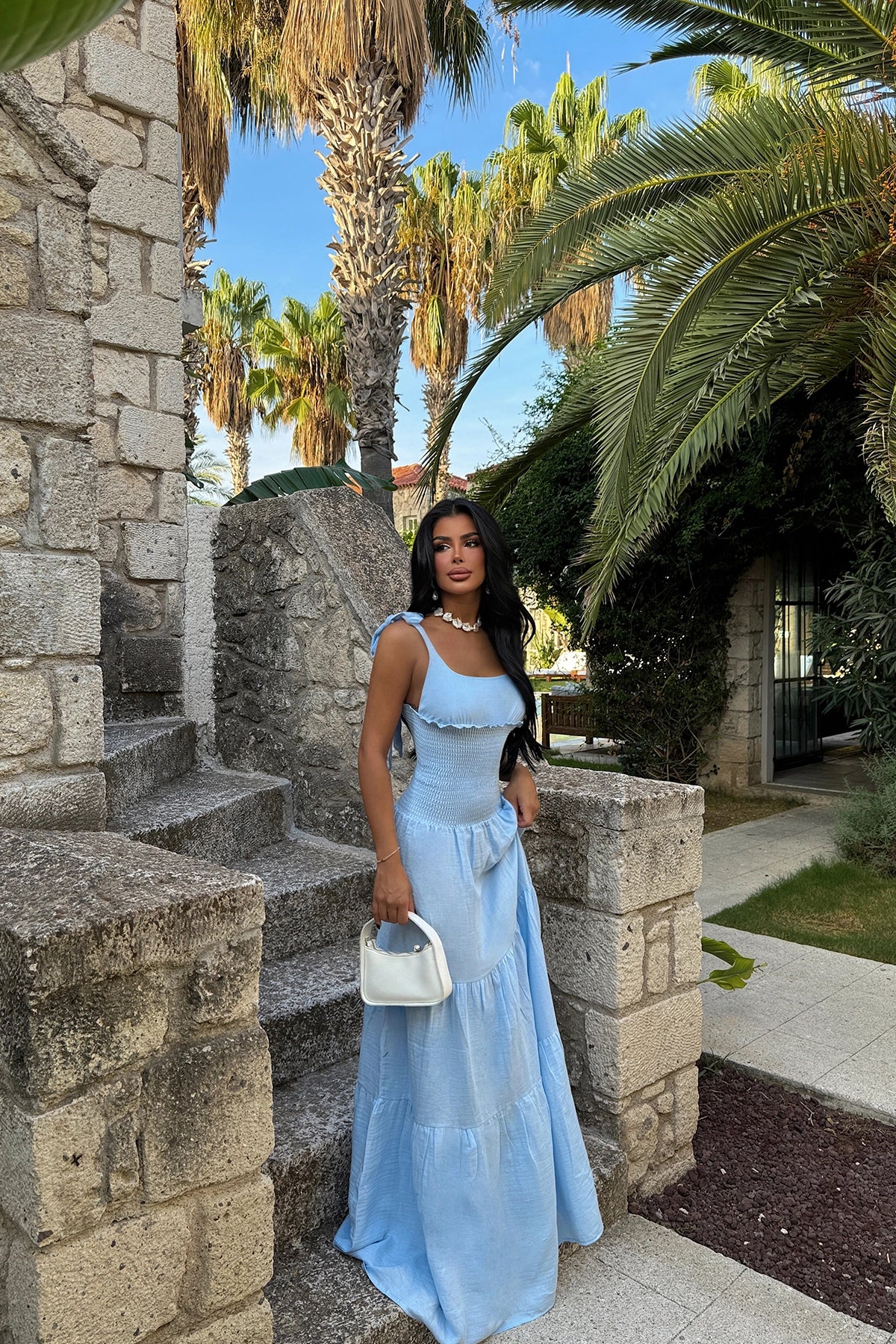 U-Shaped Strappy Blue Maxi Dress