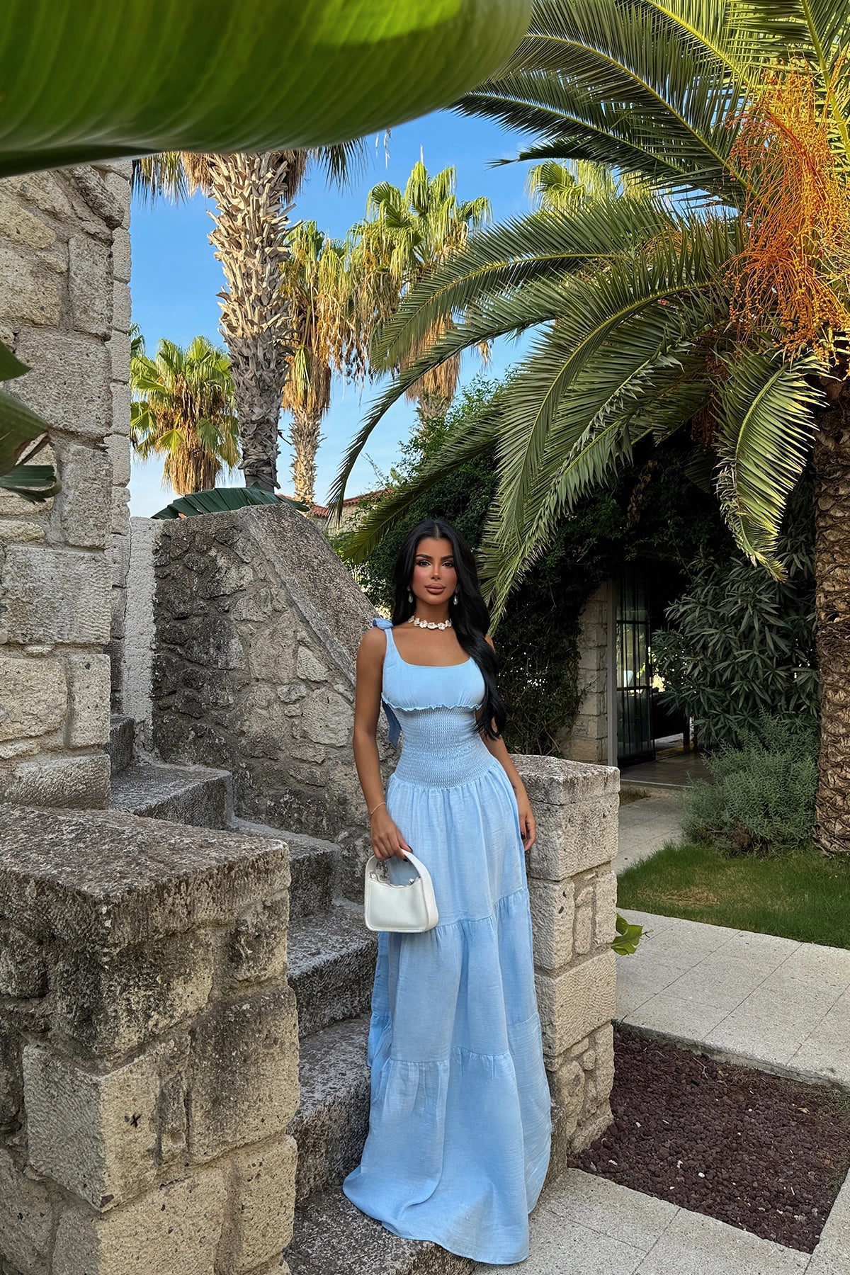 U-Shaped Strappy Blue Maxi Dress