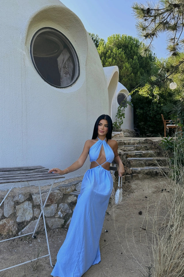 Low-Cut Blue Maxi Dress with Halter Neckline