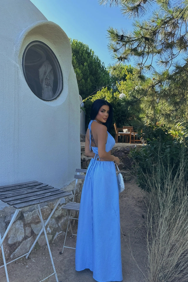 Low-Cut Blue Maxi Dress with Halter Neckline