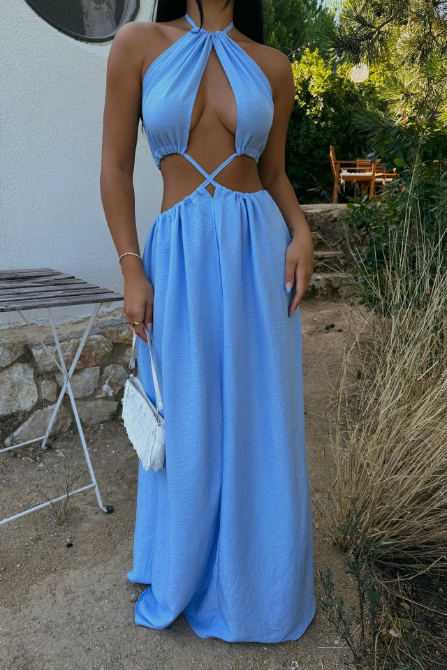 Low-Cut Blue Maxi Dress with Halter Neckline