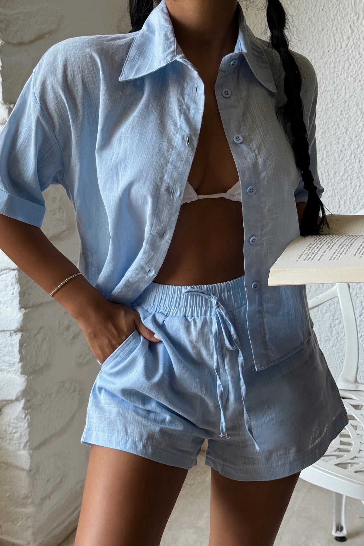 Button-Front Blue Larina Shorts Set