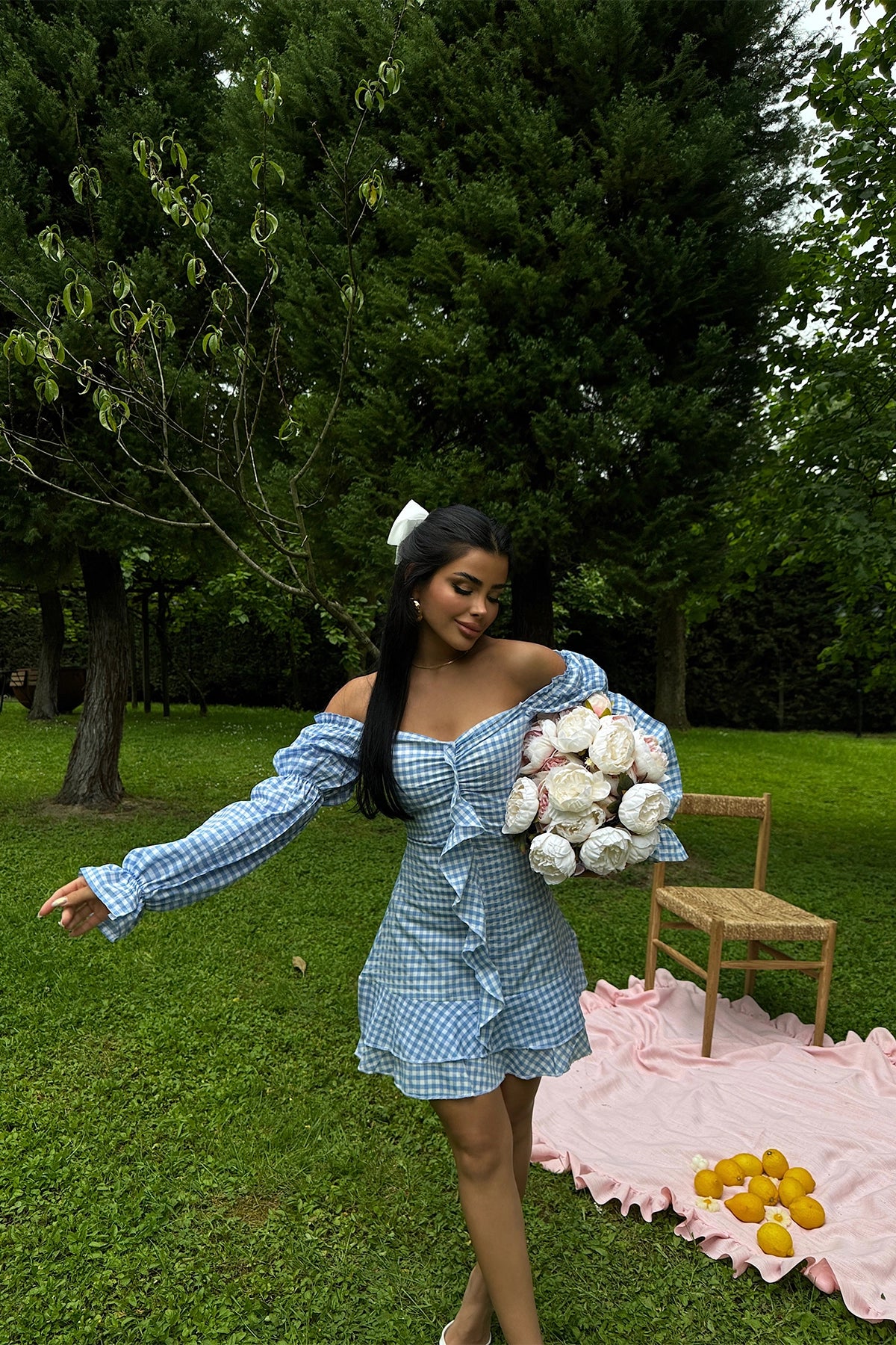 Off-Shoulder Gingham Detailed Blue Mini Dress