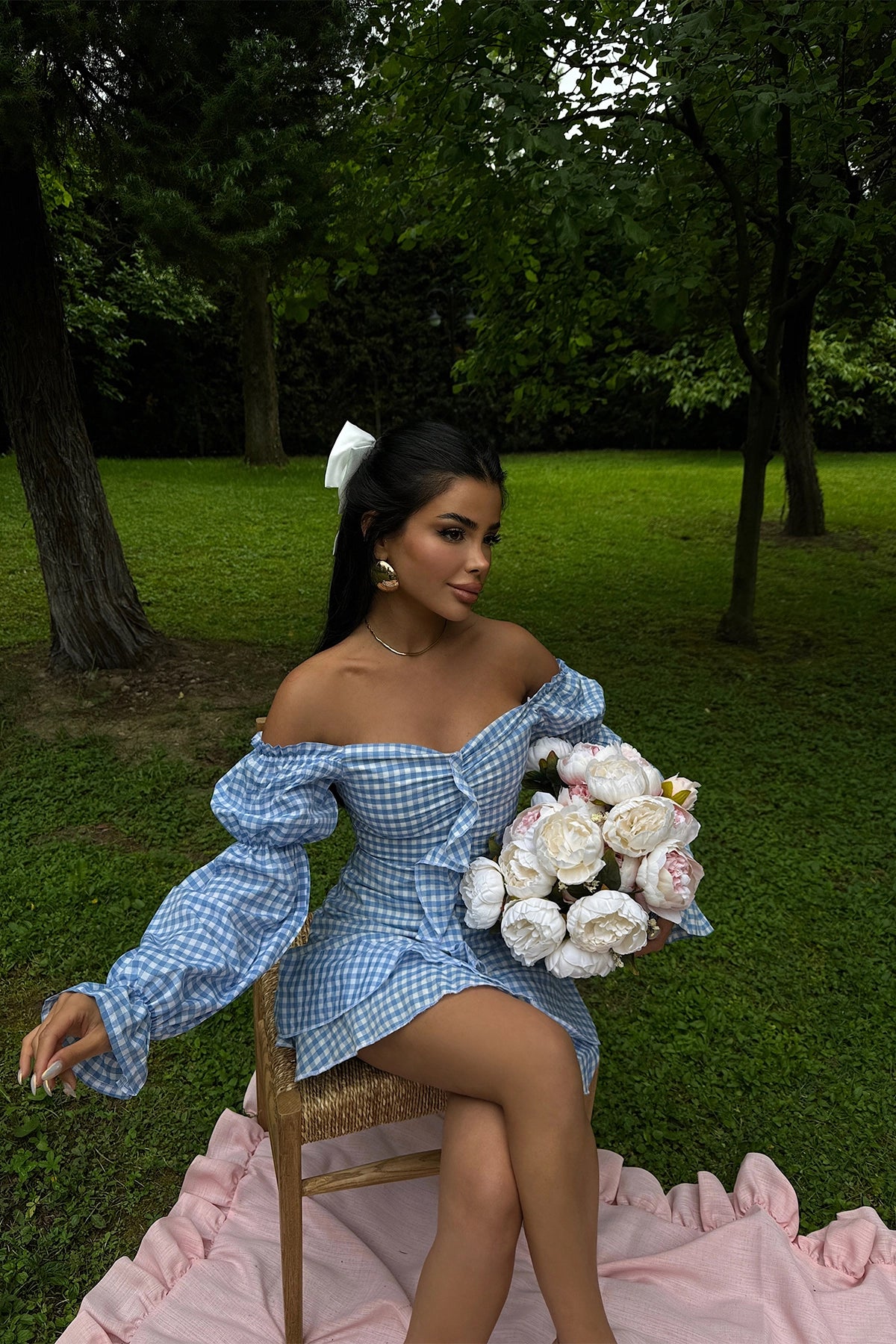 Off-Shoulder Gingham Detailed Blue Mini Dress