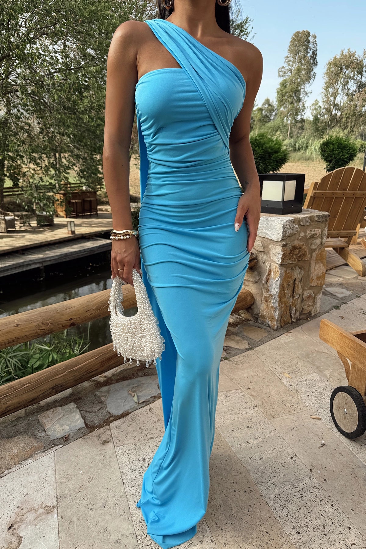 Strapless Blue Tied Maxi Dress