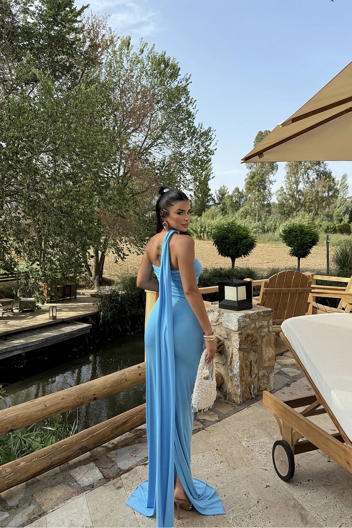 Strapless Blue Tied Maxi Dress