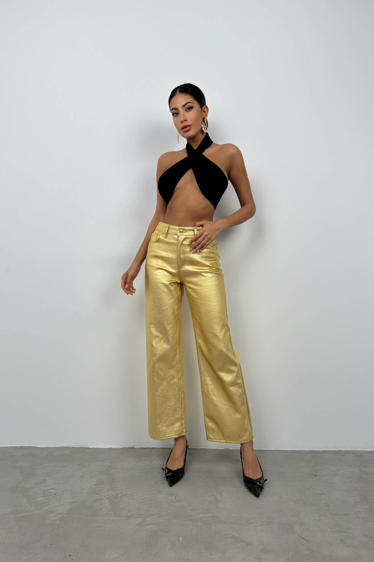 Metallic Gold Hohe Taille Hose