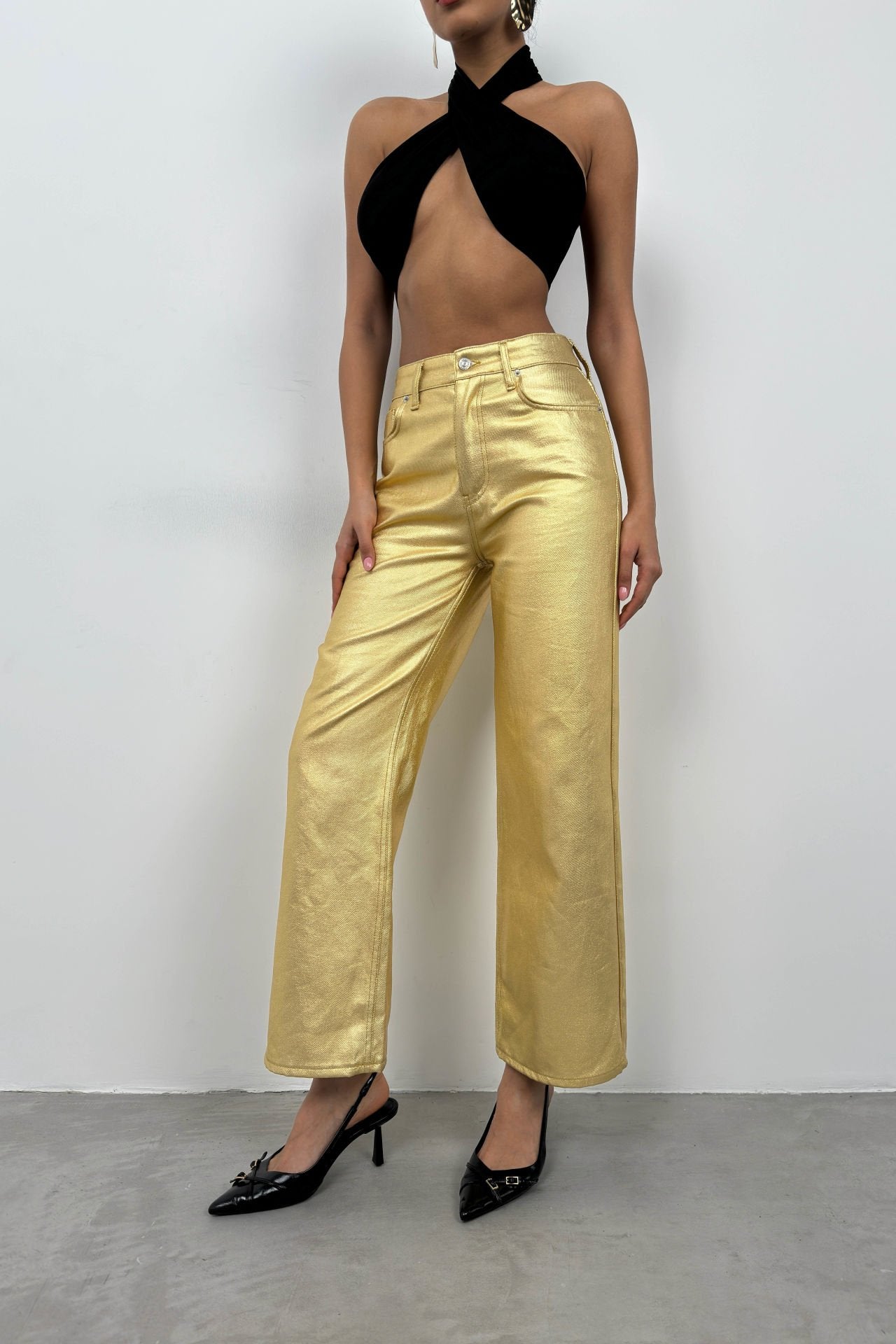 Metallic Gold Hohe Taille Hose