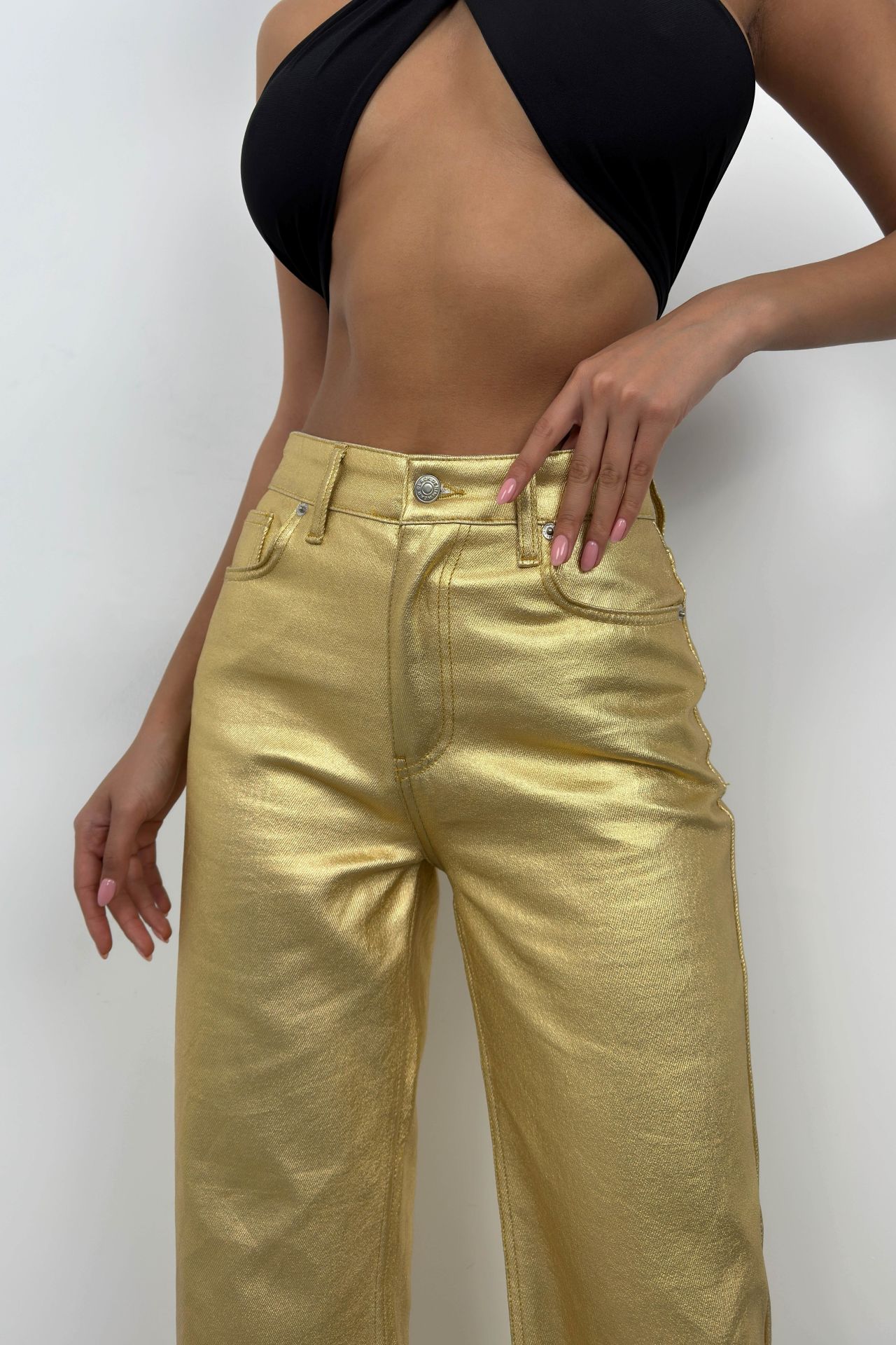 Metallic Gold Hohe Taille Hose