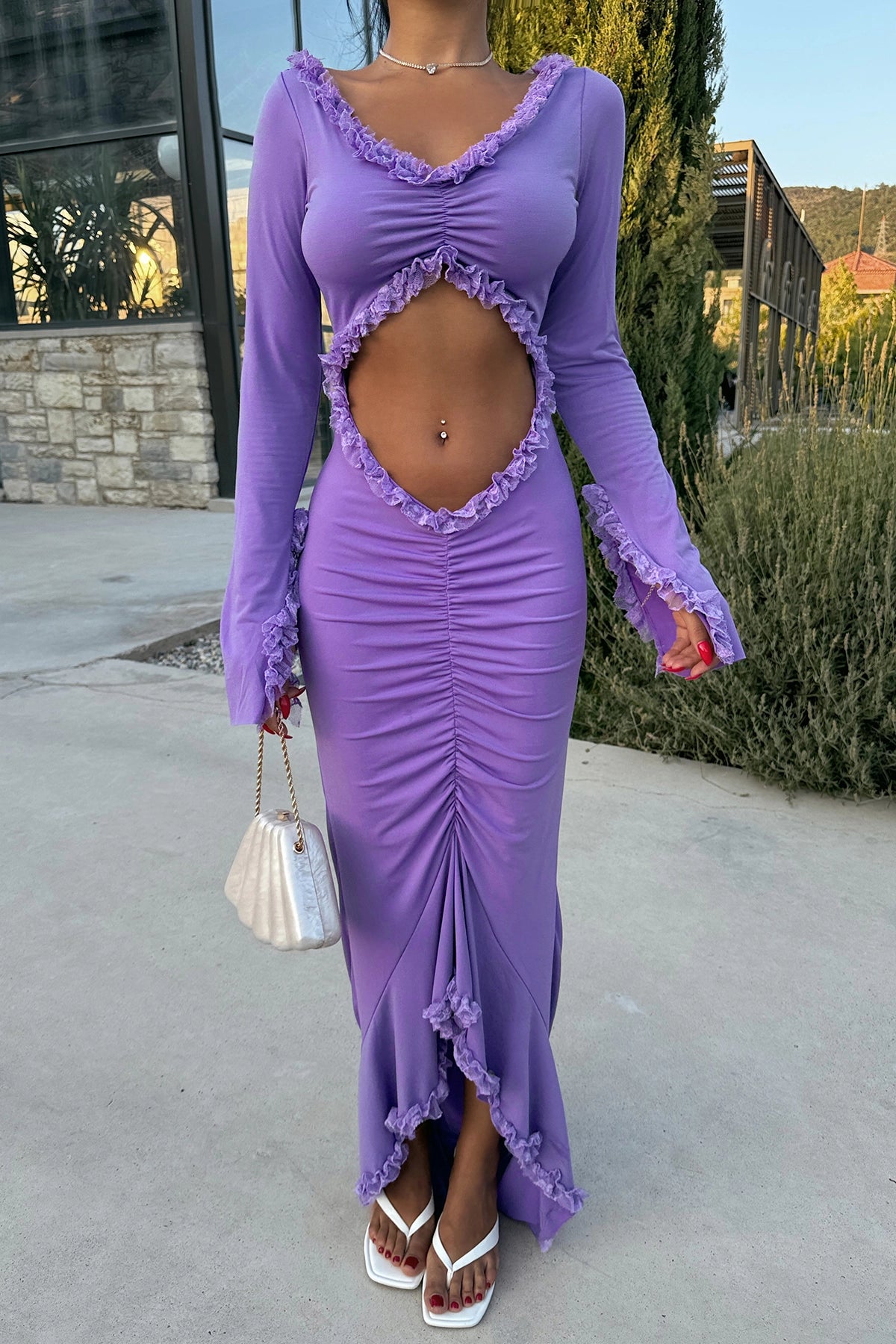 Cut-Out Detailed Purple Maxi Dress