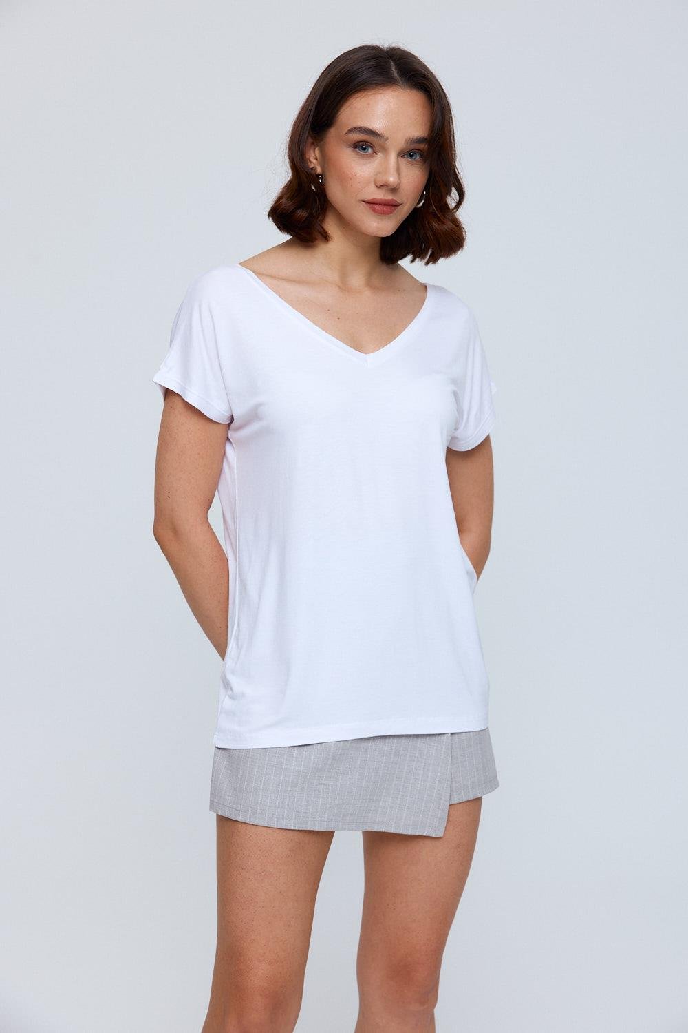 V-Neckline White T-Shirt for Women