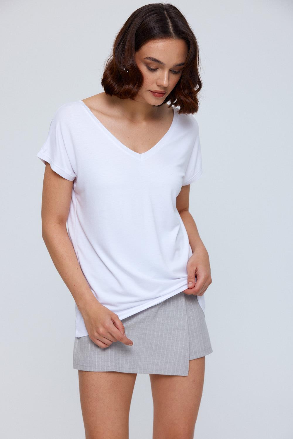 V-Neckline White T-Shirt for Women