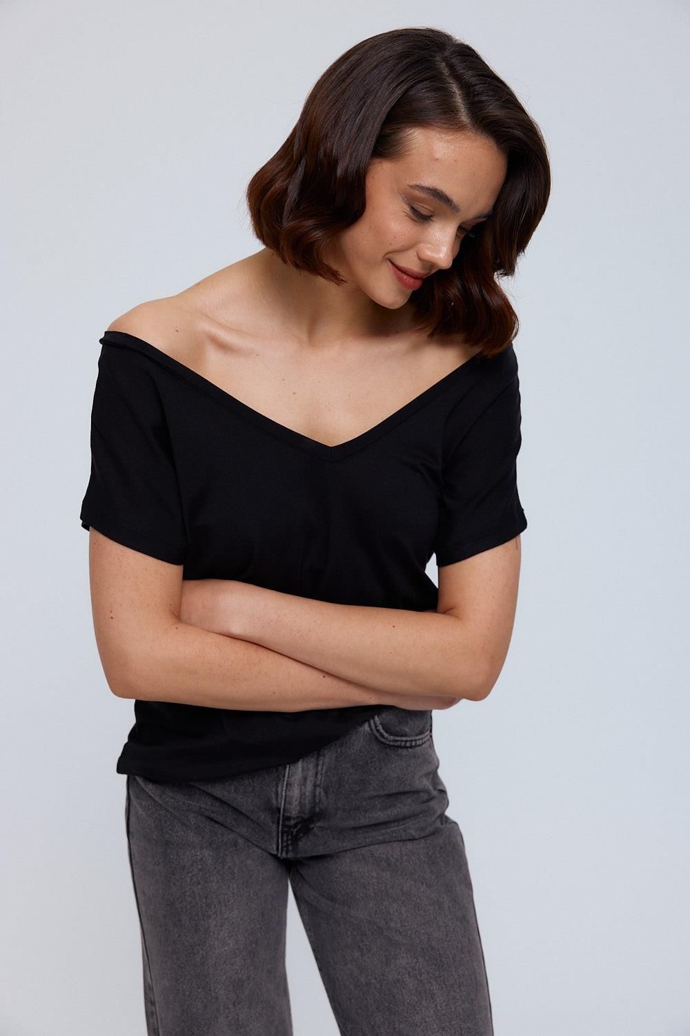 V-Neckline Black T-Shirt for Women