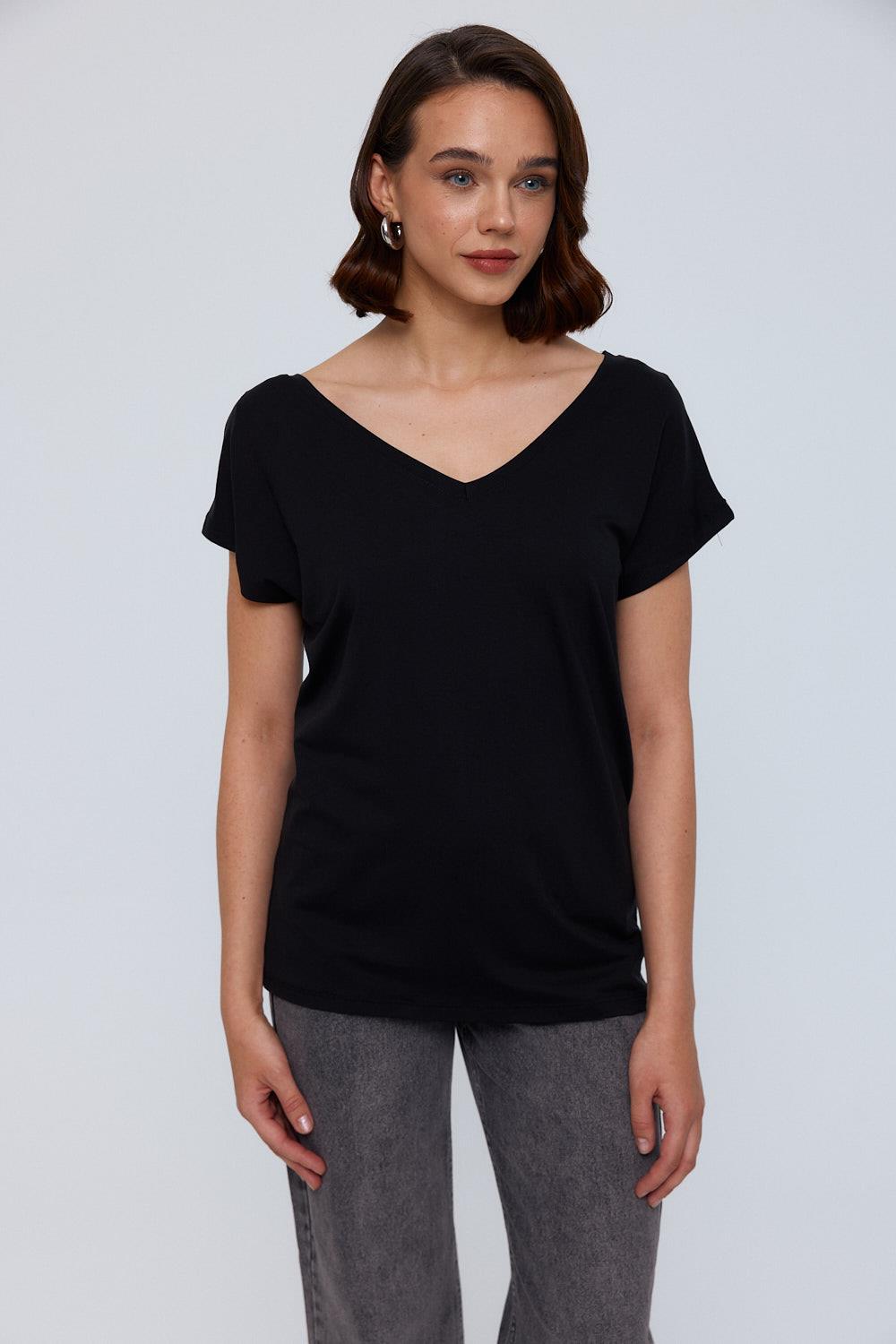 V-Neckline Black T-Shirt for Women