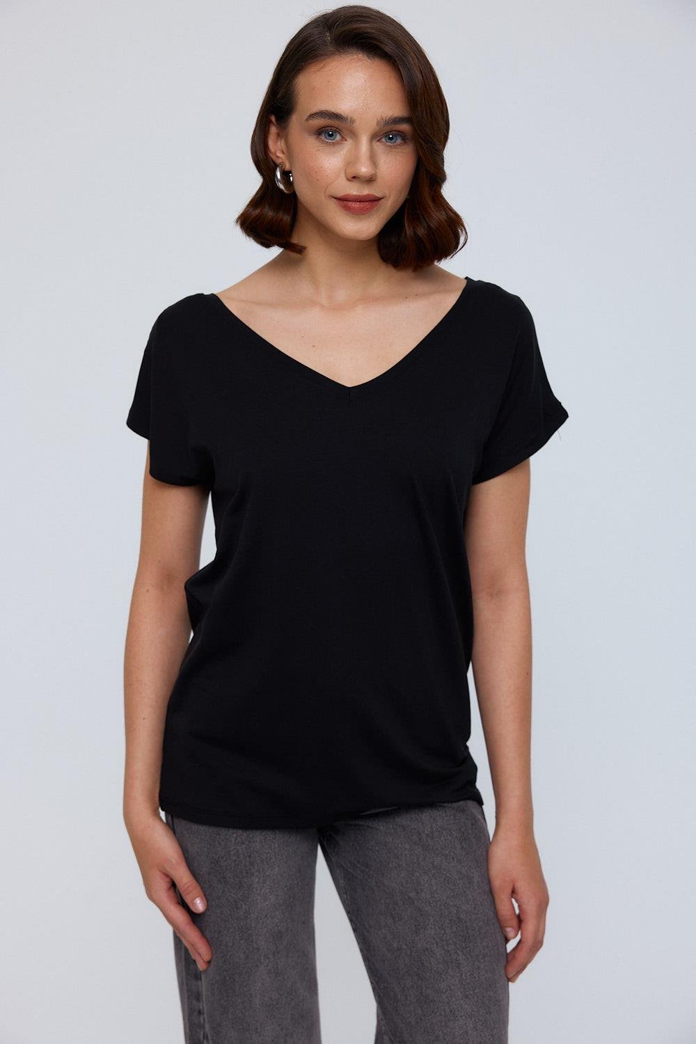 V-Neckline Black T-Shirt for Women