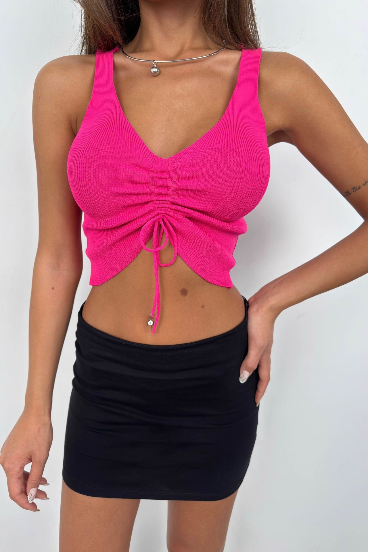 Front Gathered Fuchsia Crop Blouse