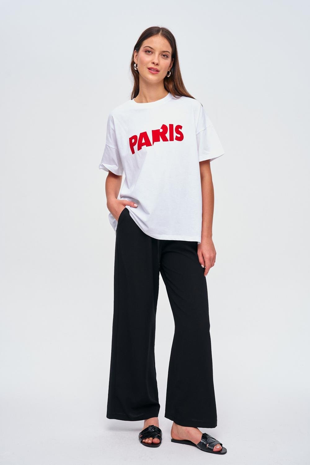 Oversized White T-Shirt with Paris Printed Detail for Women