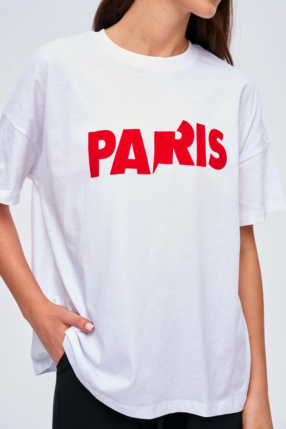 Übergroßes weißes T-Shirt mit Paris-Druckdetail für Frauen