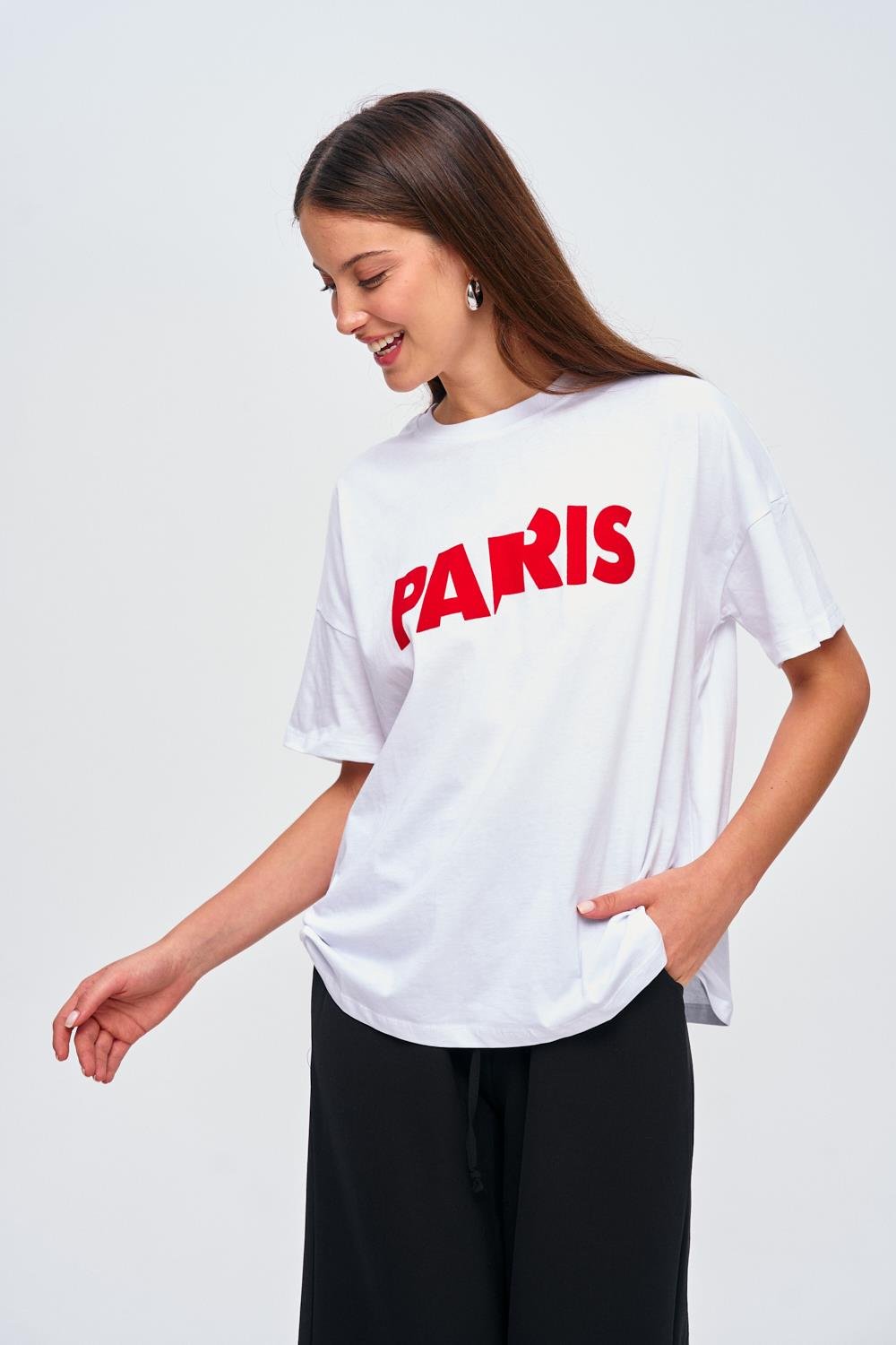 Übergroßes weißes T-Shirt mit Paris-Druckdetail für Frauen