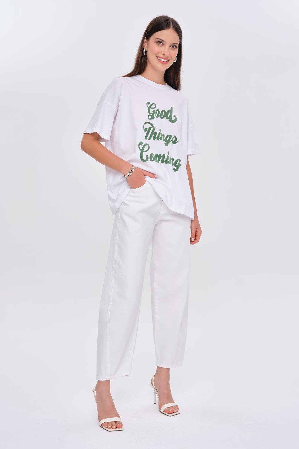 Oversized Printed Detail White T-Shirt for Women