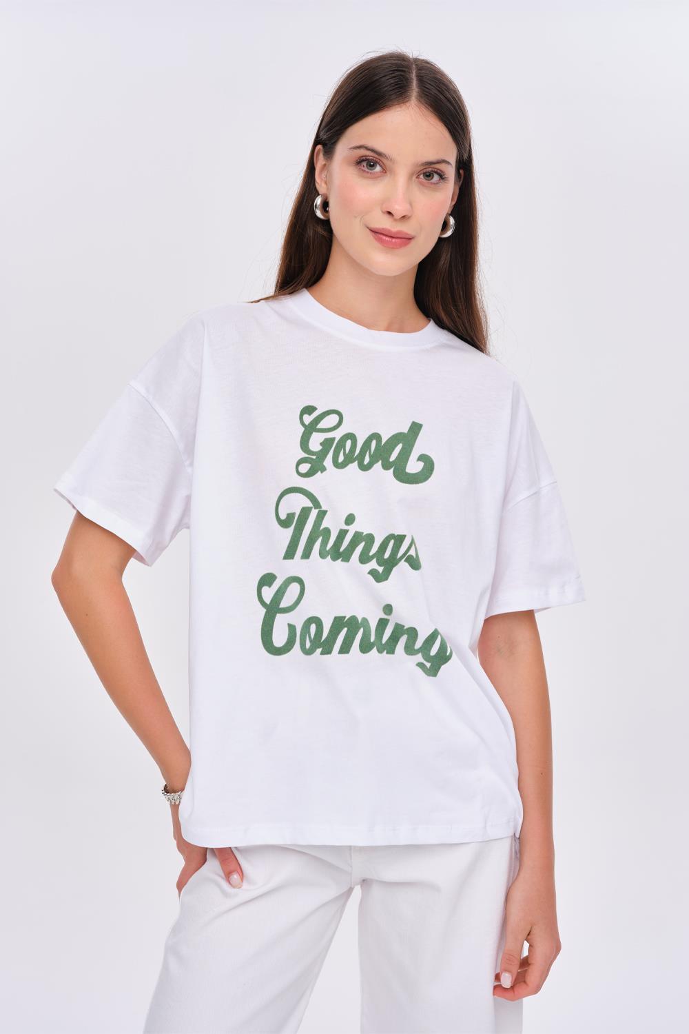 Oversized Printed Detail White T-Shirt for Women