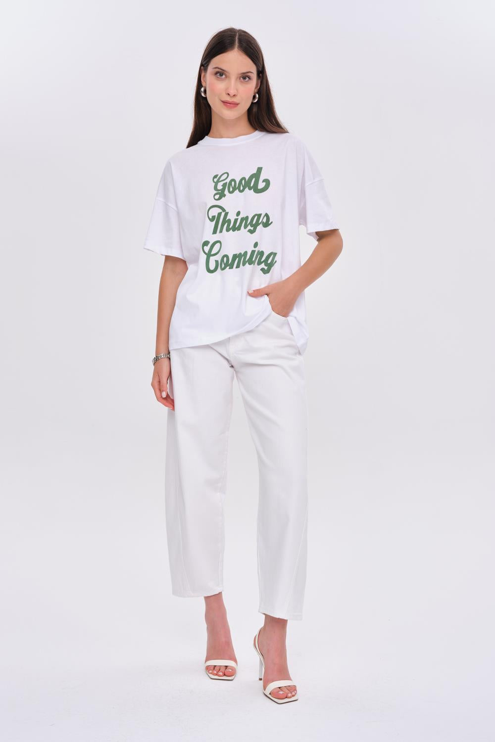 Oversized Printed Detail White T-Shirt for Women