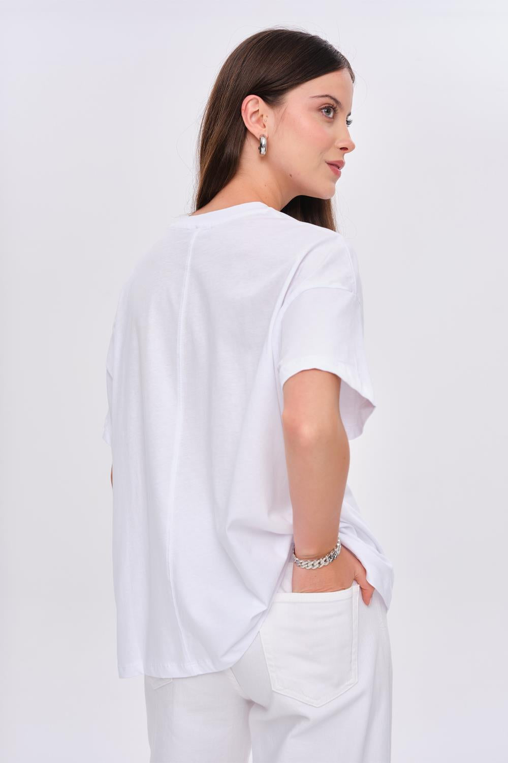 Oversized Printed Detail White T-Shirt for Women