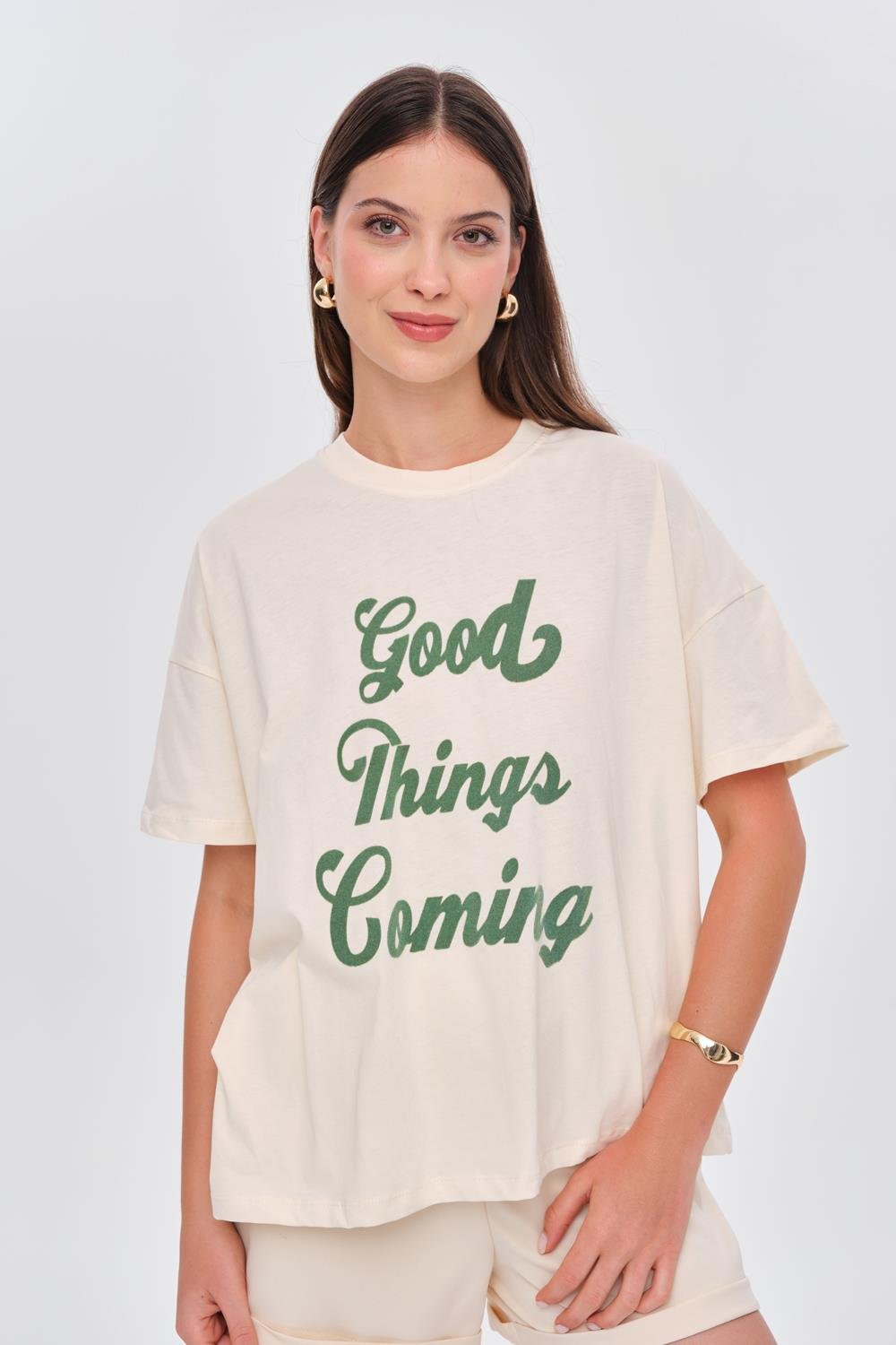 Oversized Printed Detailed Cream T-Shirt for Women