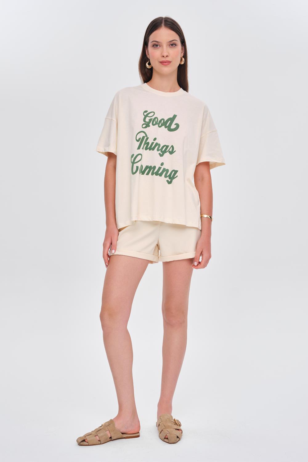 Oversized Printed Detailed Cream T-Shirt for Women