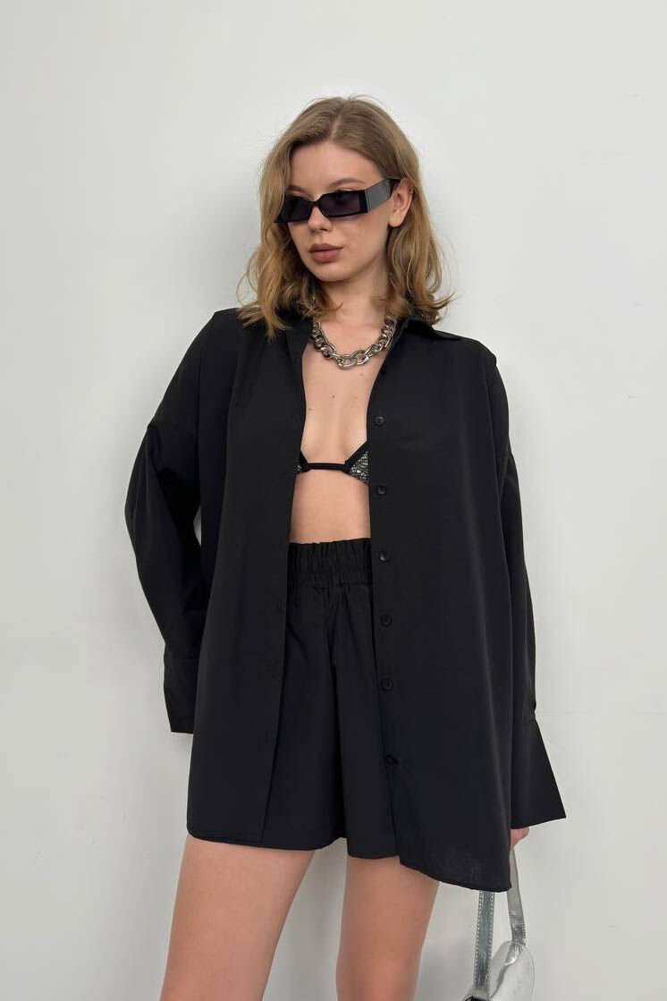 Oversize Shirt with Drawstring Black Shorts Set