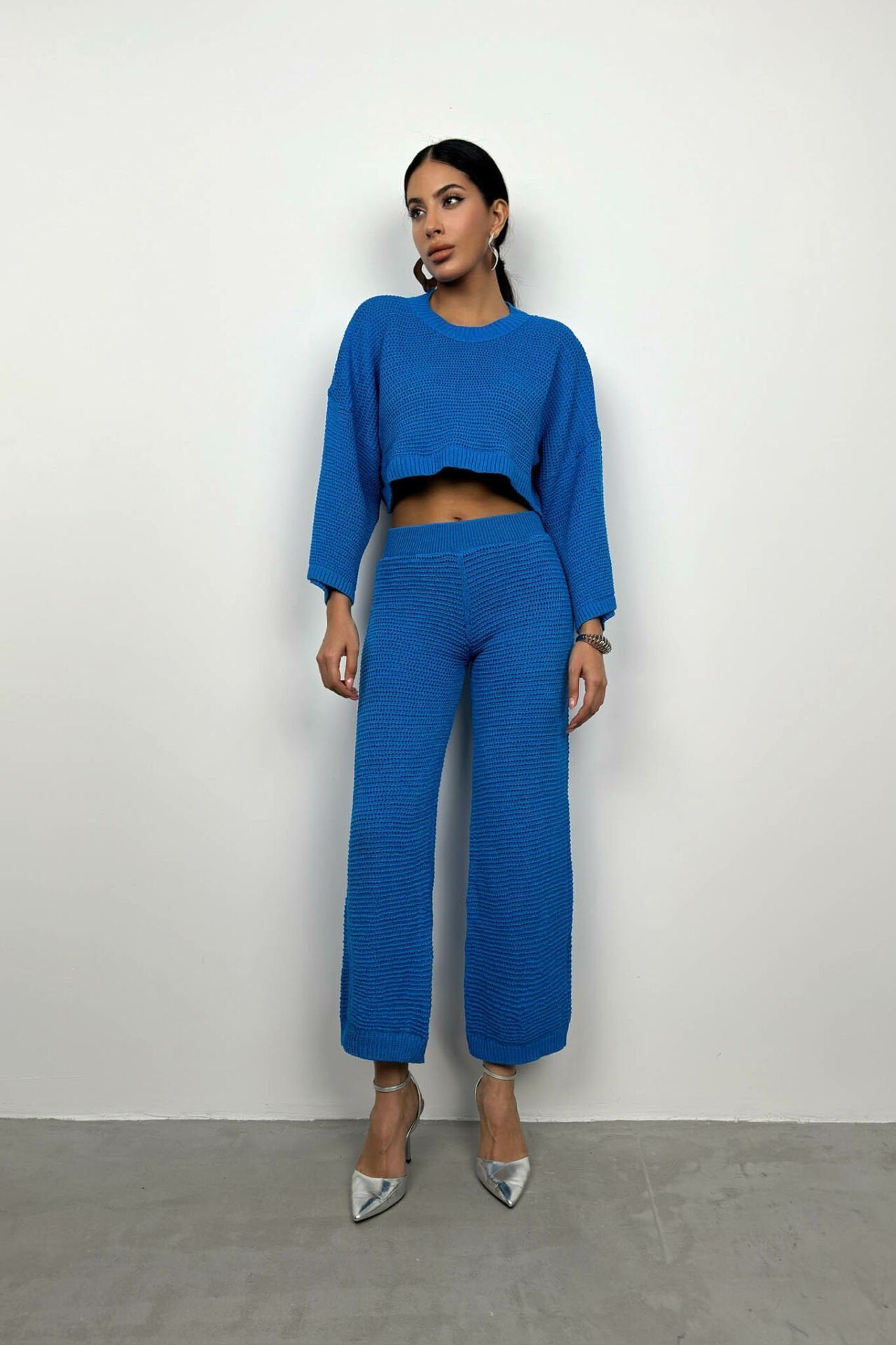 Oversize Knitwear Blouse Blue Trousers Set