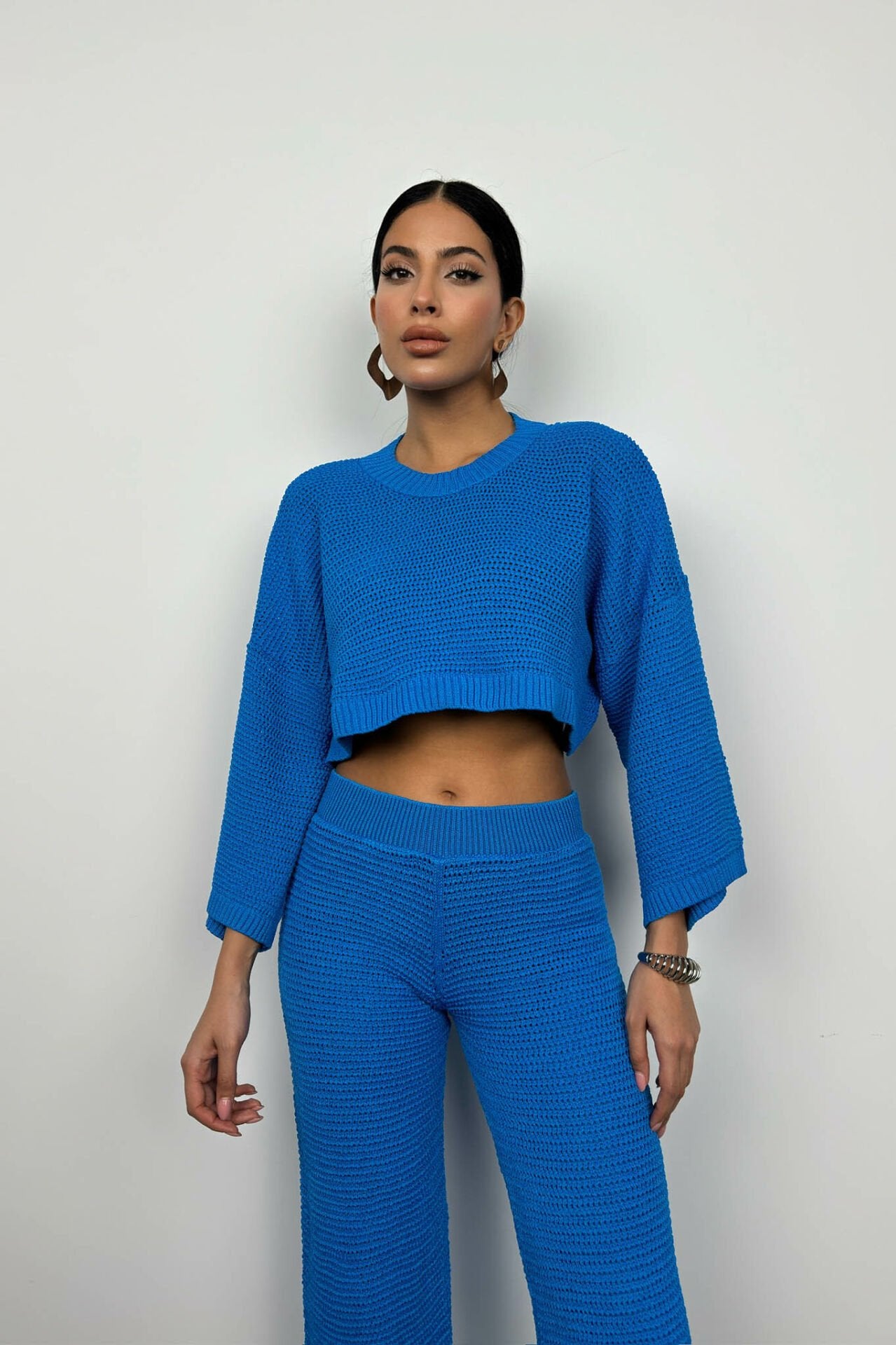 Oversize Knitwear Blouse Blue Trousers Set