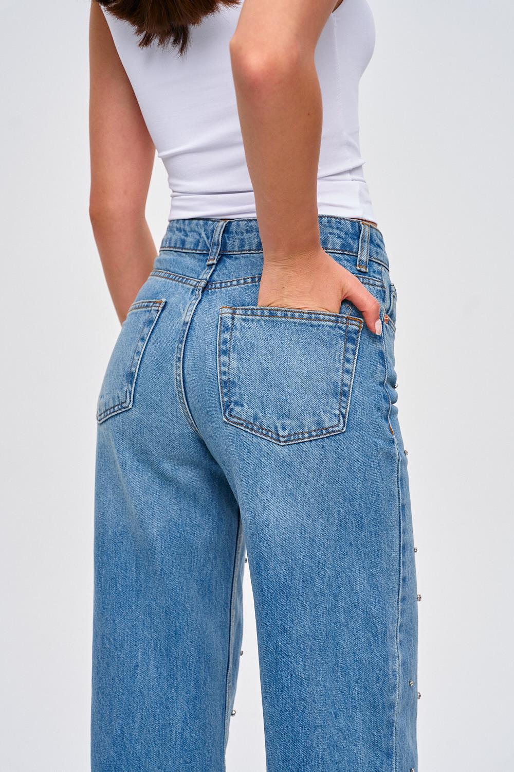 Shiny Stone Detailed Wide Leg Blue Jeans for Women