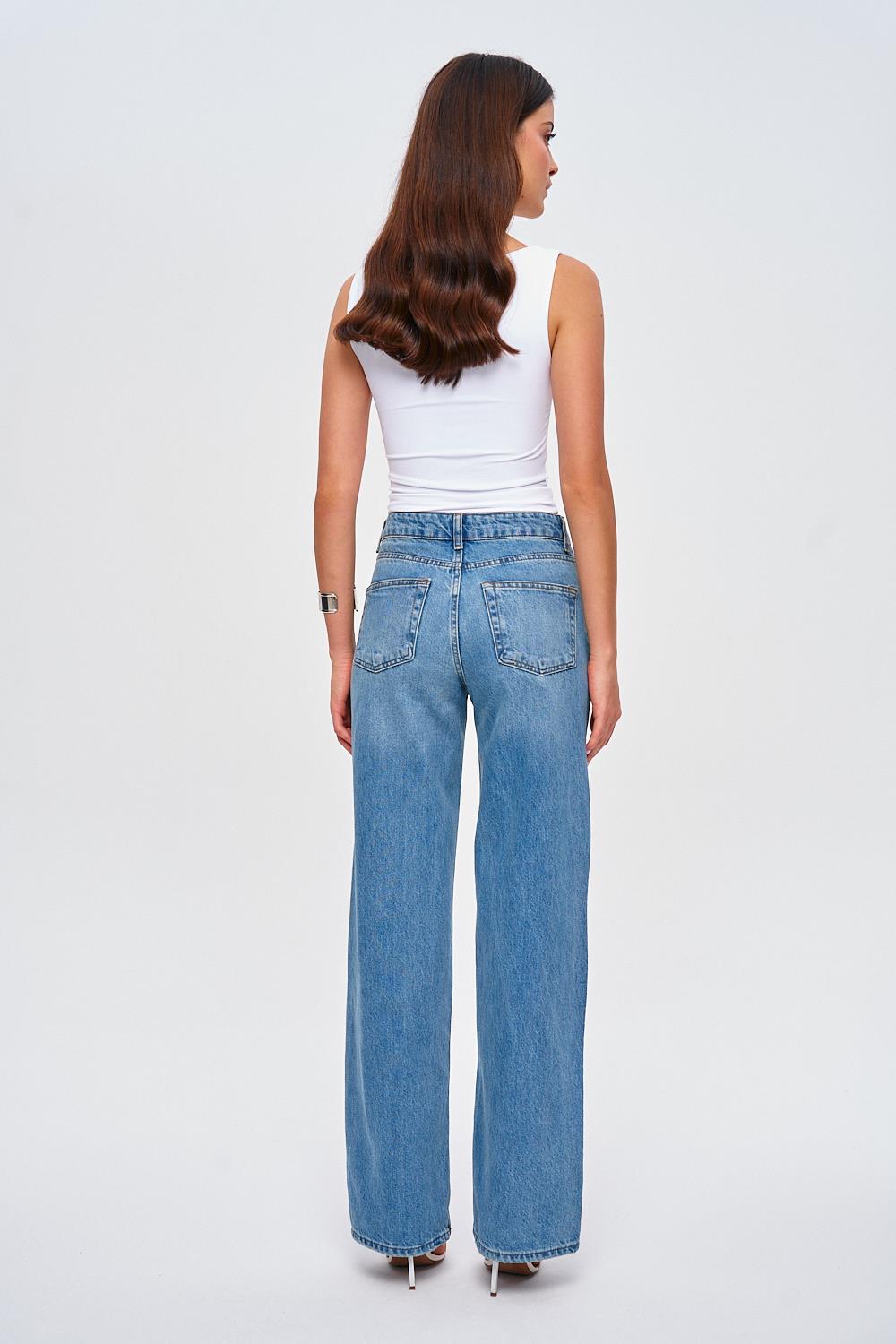 Shiny Stone Detailed Wide Leg Blue Jeans for Women